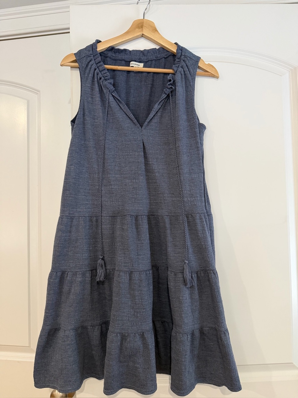 Max Studio Sleeveless Tiered Tassel Tie Neck Dress, Blue, size Small